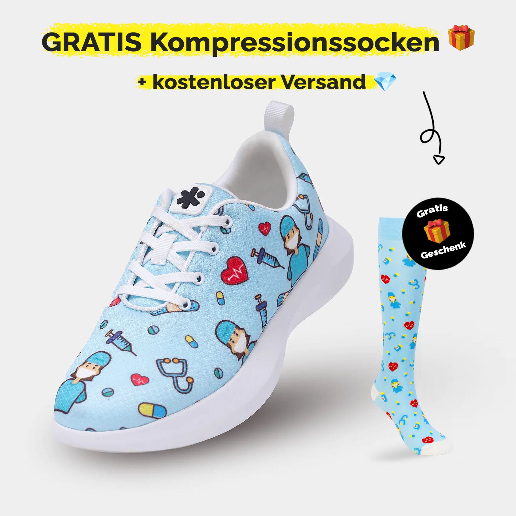 Light blue shoes and socks with medical-themed cartoon prints, promoting free compression socks with purchase.